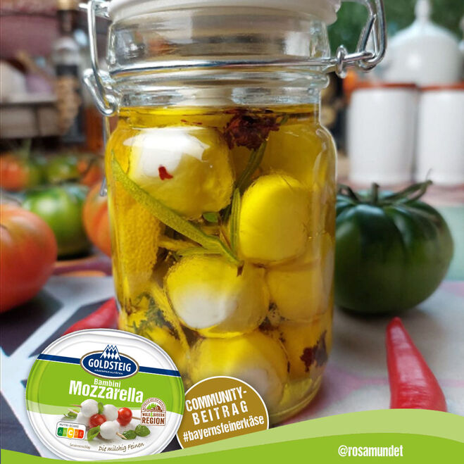 Promozioni & News (Promozioni-News) / Post sui social media: Mozzarella Bambini in salamoia con olio al limone e peperoncino. Mozzarella Bambini di GOLDSTEIG.