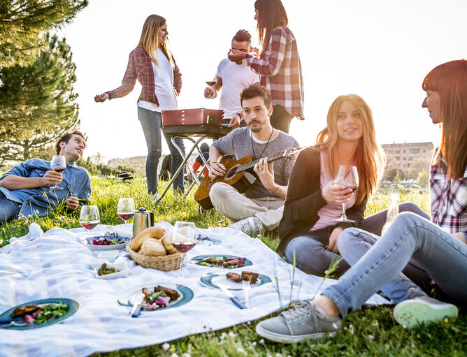 Picnic con gli amici - merenda e vino in campagna 