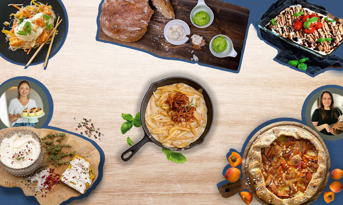 Cheese indulgence / Promozioni e novità (promotions-news) / Le ricette più popolari della community 2024! Varie idee di ricette, tra cui burro montato, salsine, garlette di pesca, insalata di pasta di vetro, spaetzle al formaggio e tiramisù, proposte dagli influencer sui tavoli di legno.