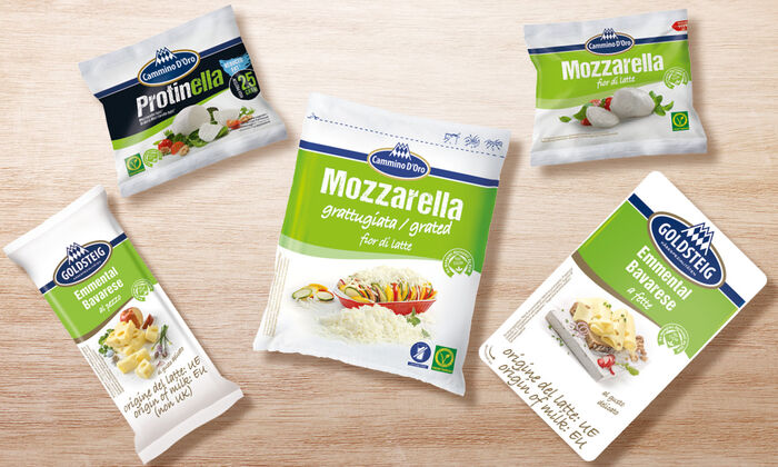 Goldsteig.it: Panoramica dei formaggi GOLDSTEIG. Protinella in liquido di governo, Emmental Bavarese al pezzo, Emmental Bavarese a fette, Mozzarella grattugiata confezione ZIP, Mozzarella in liquido di governo.