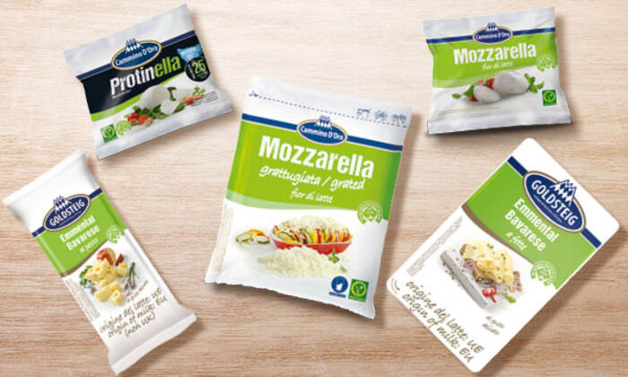 Goldsteig.it: Panoramica dei formaggi GOLDSTEIG. Protinella in liquido di governo, Emmental Bavarese al pezzo, Emmental Bavarese a fette, Mozzarella grattugiata confezione ZIP, Mozzarella in liquido di governo.