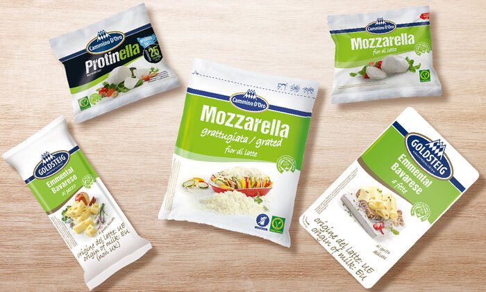 Goldsteig.it: Panoramica dei formaggi GOLDSTEIG. Protinella in liquido di governo, Emmental Bavarese al pezzo, Emmental Bavarese a fette, Mozzarella grattugiata confezione ZIP, Mozzarella in liquido di governo.