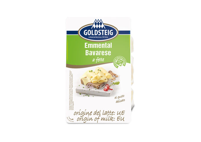 Emmental Slices - GOLDSTEIG Käsespezialitäten Emmental Slices made by GOLDSTEIG shown packaged
