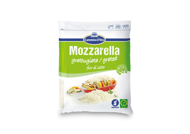 Mozzarella Grated - GOLDSTEIG Käsespezialitäten Mozzarella Grated made by GOLDSTEIG shown packaged