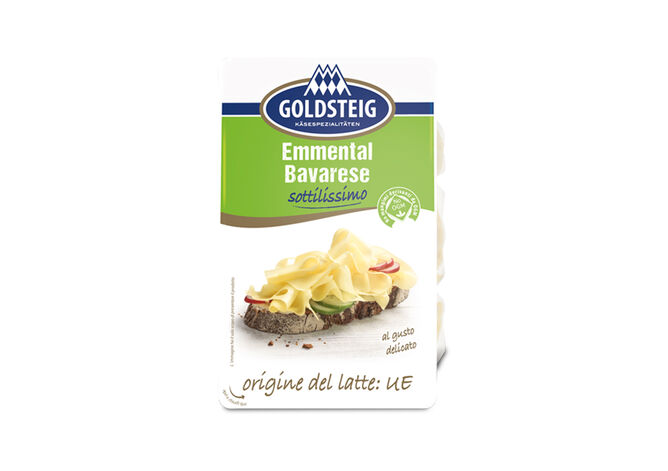 Emmental wafer thin slices - GOLDSTEIG Käsespezialitäten Emmental wafer thin slices made by GOLDSTEIG shown packaged