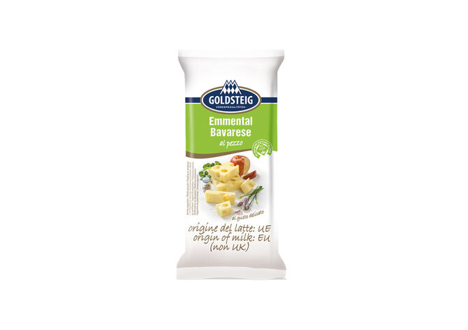 Emmentaler Piece - GOLDSTEIG Käsespezialitäten Emmentaler Piece made by GOLDSTEIG shown packaged