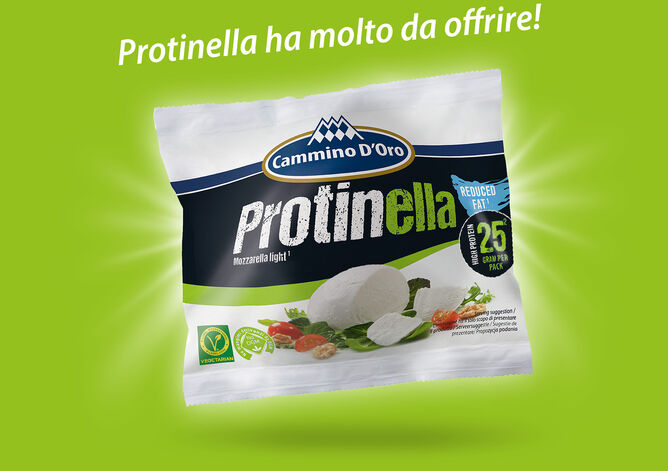 Imballaggio del formaggio proteico Protinella. Mozzarella ad alto contenuto proteico