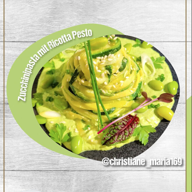 Promozioni e novità (promotions-news) / post sui social media: Pasta di zucchine con pesto di ricotta. Ricotta di GOLDSTEIG.