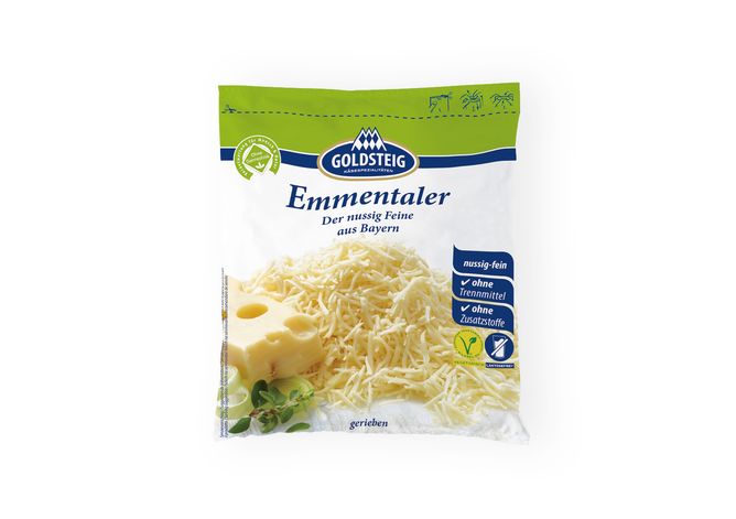 Emmentaler Grated - GOLDSTEIG Käsespezialitäten Emmentaler Grated made by GOLDSTEIG shown packaged
